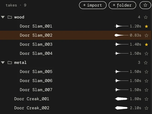 The take list in Pocket SFX: Door Slam_001 to Door Slam_007 sorted into wood and metal folders, each with a length and a small waveform