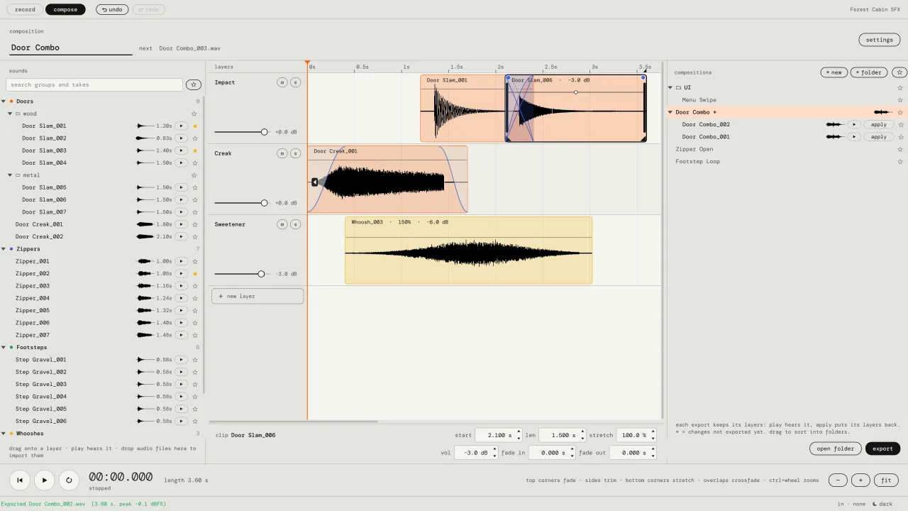 The compose tab in Pocket SFX: three layers named Impact, Creak and Sweetener with door slam, door creak and whoosh clips, fades and a crossfade