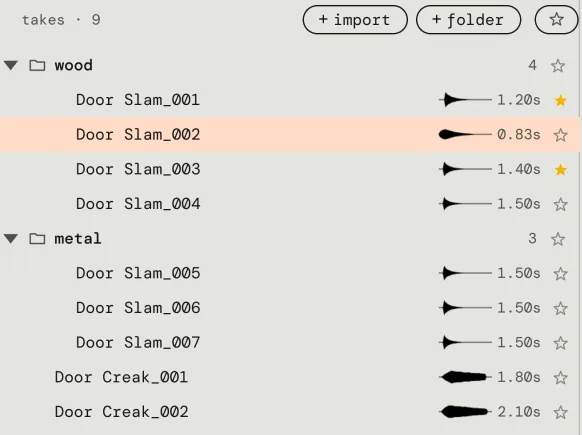 The take list in Pocket SFX: Door Slam_001 to Door Slam_007 sorted into wood and metal folders, each with a length and a small waveform